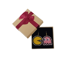 Χειροποίητα μάλλινα σκουλαρίκια Pacman ροζ