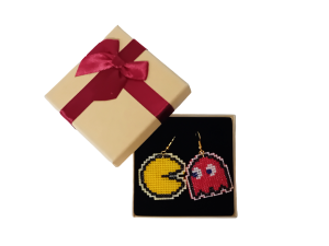 Χειροποίητα μάλλινα σκουλαρίκια Pacman κόκκινο